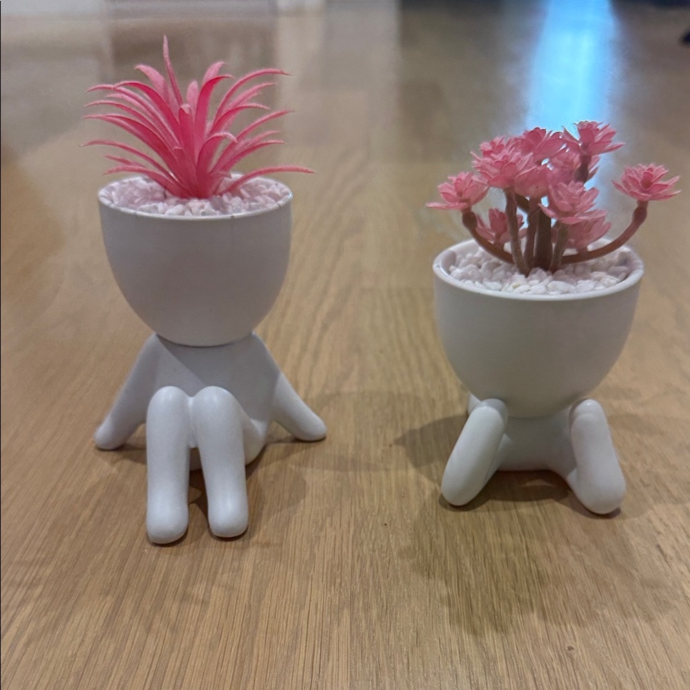 White Planter Pots with Pink Faux Plants